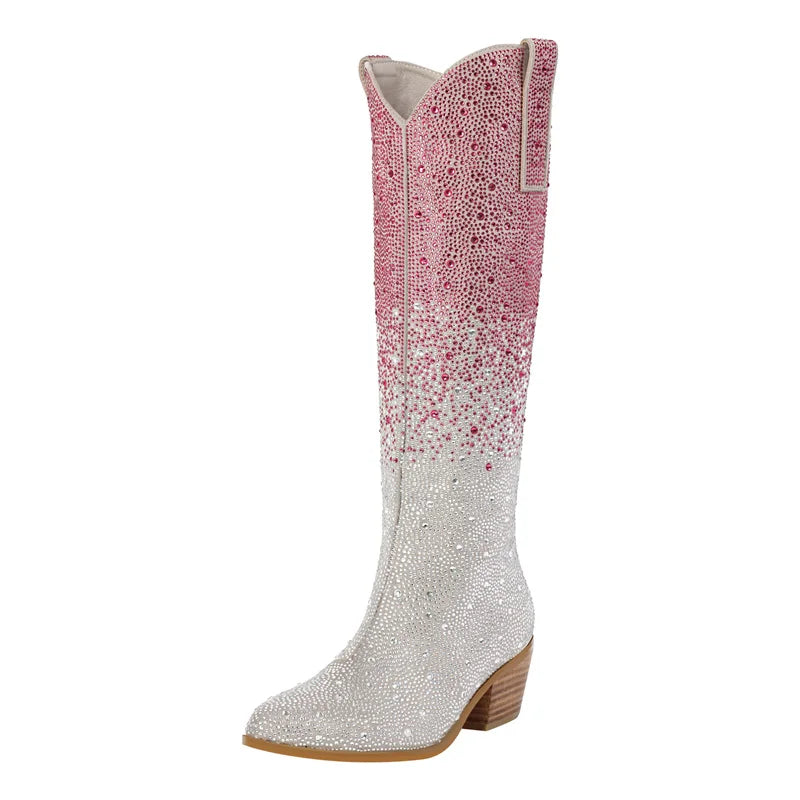 Women Pointed Toe Rhinestone Knee High Western Cowgirl Boots Glitter Bling Shiny Block Heel Lady Boots
