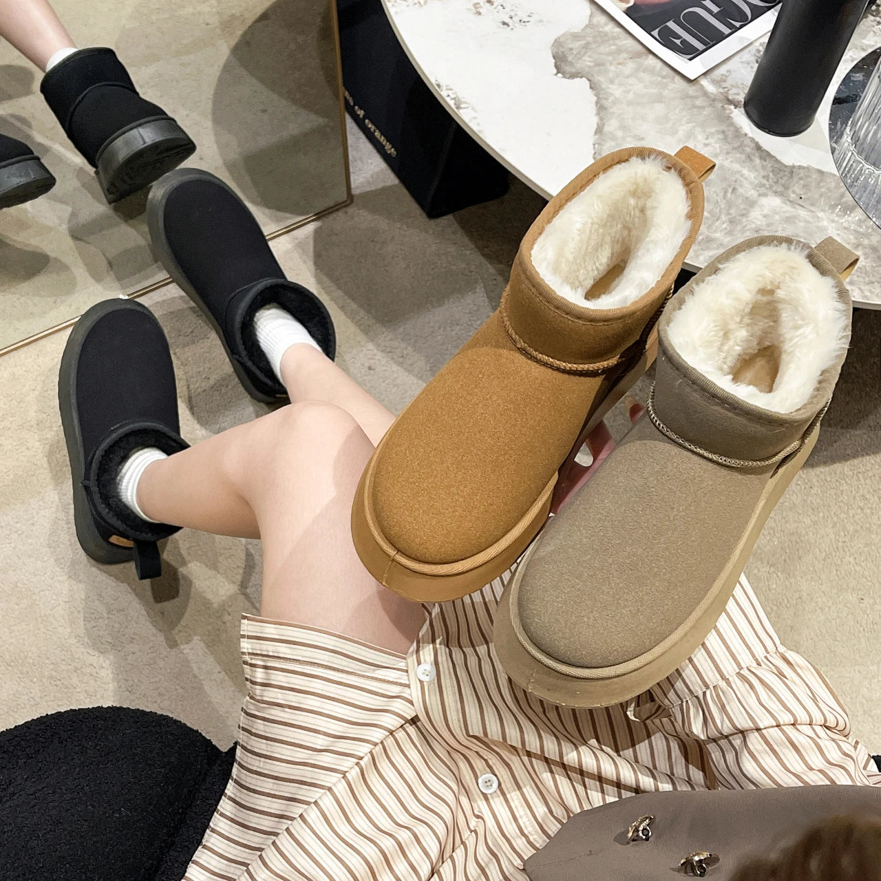 Women's New Classic Plush Warm Cotton Ankle Boots Flat Bottom Suede Fur Winter Snow Boots Comfortable Short Thickened Fluff