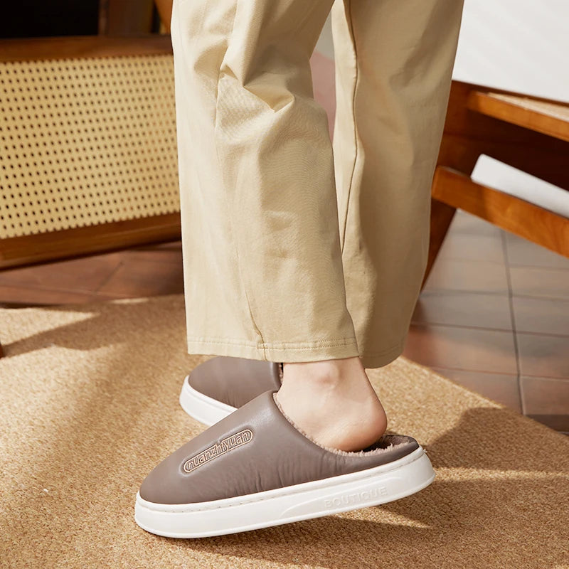 Unisex Anti-slip Waterproof Winter Cotton Slippers Women Men Home Indoor Warm House Shoes Couple Soft Flat PVC Sole Footwear