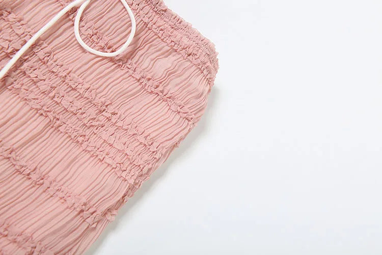 Sexy See-Through 2 Piece Set Women Lace-Up Halter Backless Crop Tops + Ruched Elegant Skirts Vacation Beach Party Suits