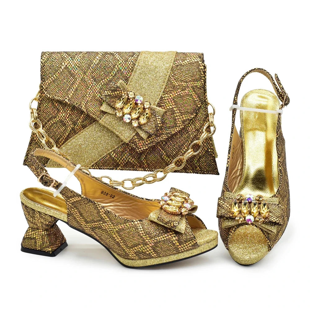 Women's Elegant Medium Heeled African Ladies Shoes and Bags Decorated with Rhinestone for Ladies' Luxury Pumps
