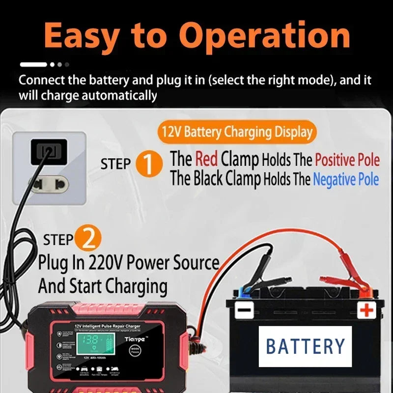 EAFC Full Automatic Car Battery Charger 12V Digital Display Battery Charger Power Puls Repair Chargers Wet Dry Lead Acid