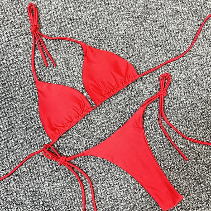 Sexy halter effen kleur bikini set dames tweedelig split triangel string badpak basic eenvoudig femme veter strand badpak