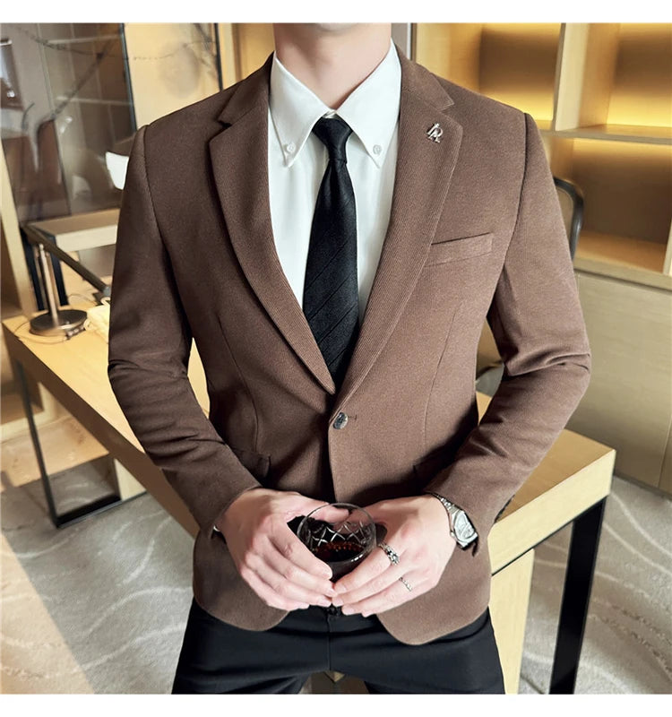Men's Thickened High-Quality Daily Work Formal Single-Breasted Woollen Coat with Dark Stripe for Autumn and Winter Size S-4XL