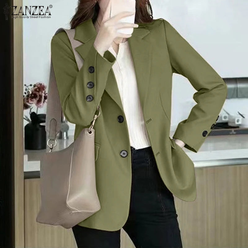 Women's Casual Blazer Elegant Office Lady Long Sleeve Lapel Neck Suit Jackets 2025 Korean Fashion Solid Commute Outerwear
