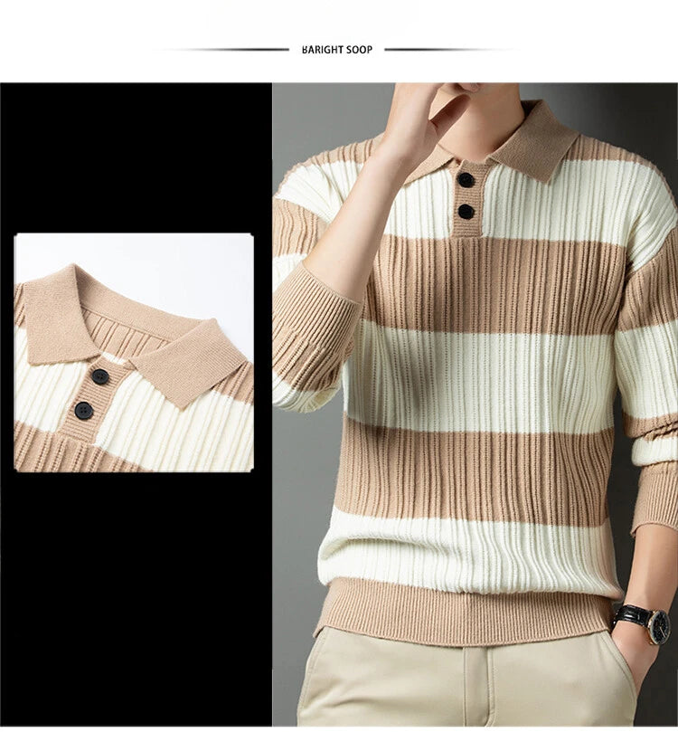 Men's Polo Shirt Luxury Pullover Sweater Fashion Thick Warm Sweater Striped Casual T-shirt, Male Top Loose Knitwear