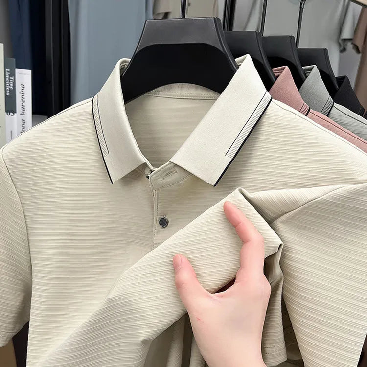 Men's Short-Sleeved T-Shirt, Subtle Striped Texture, Classic Collar Design With Button Details - Soft and Breathable Fabric Polo
