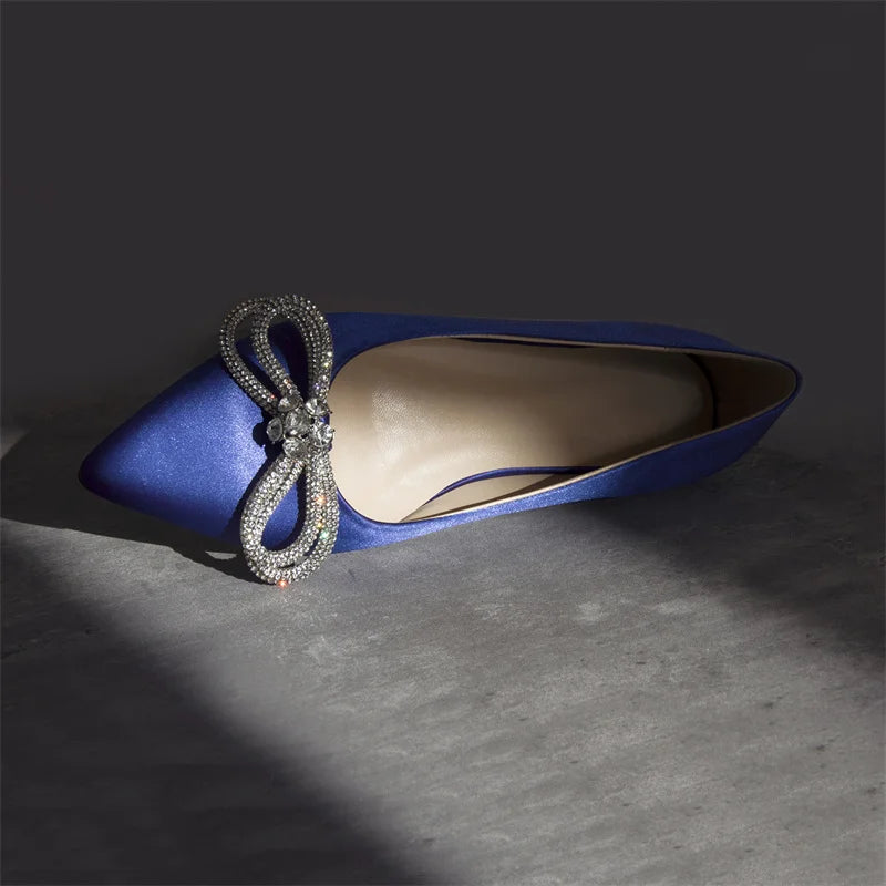 Woman Flats Pointed Toe Blue Rhinestones Bow Clear Flat Daily Elegant Female Slip On Shoes