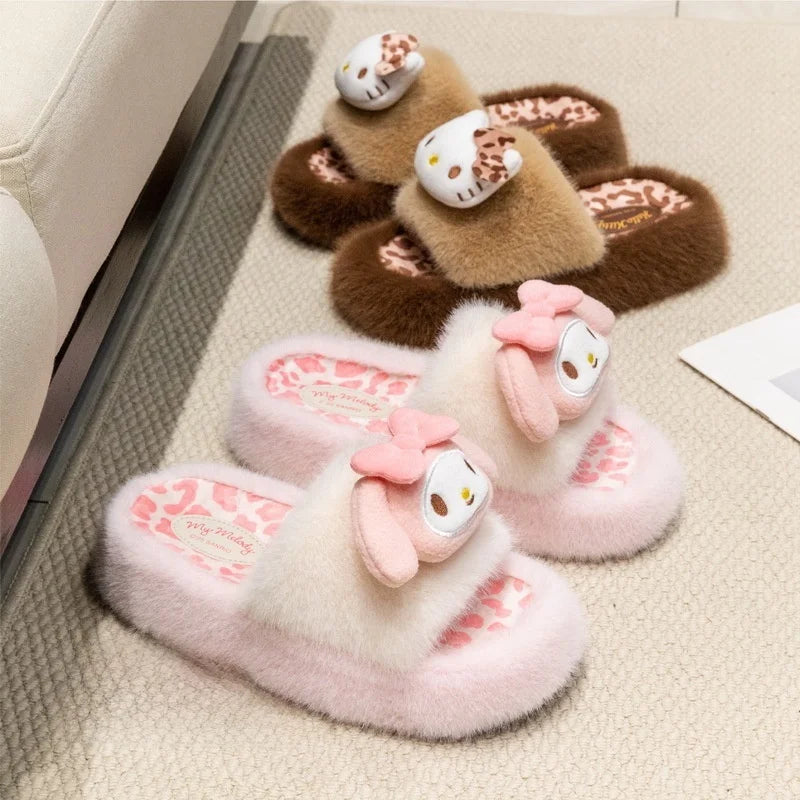 Kids' Slippers House Shoes Cartoon Kuromi Hello Kitty Open Toe Warm Winter Shoes Anti-Slip Shoes For Girls Size 36-41
