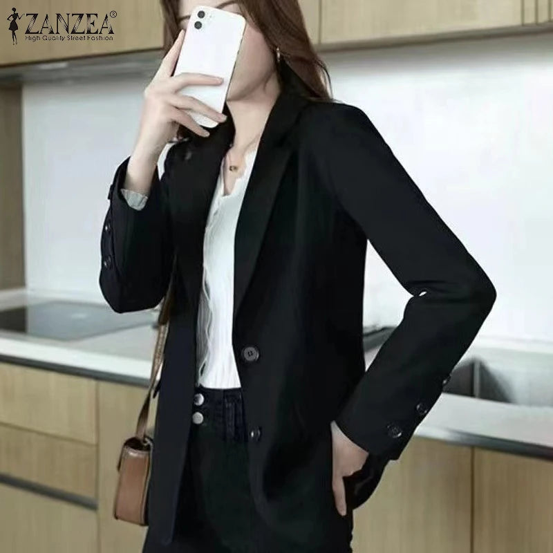 Women's Casual Blazer Elegant Office Lady Long Sleeve Lapel Neck Suit Jackets 2025 Korean Fashion Solid Commute Outerwear