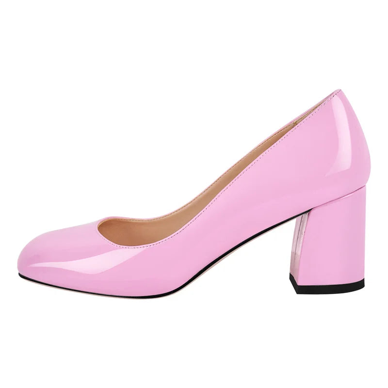 Women Pumps Black Round Toe Block Classic Slip On Thick Heel Office Dress Elegant Handmade Chunky Shoes