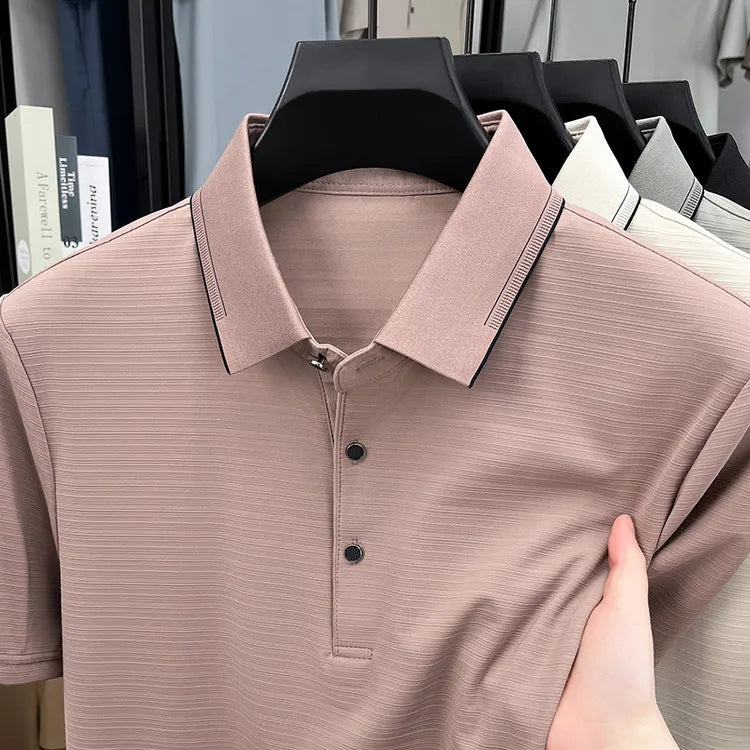 Men's Short-Sleeved T-Shirt, Subtle Striped Texture, Classic Collar Design With Button Details - Soft and Breathable Fabric Polo