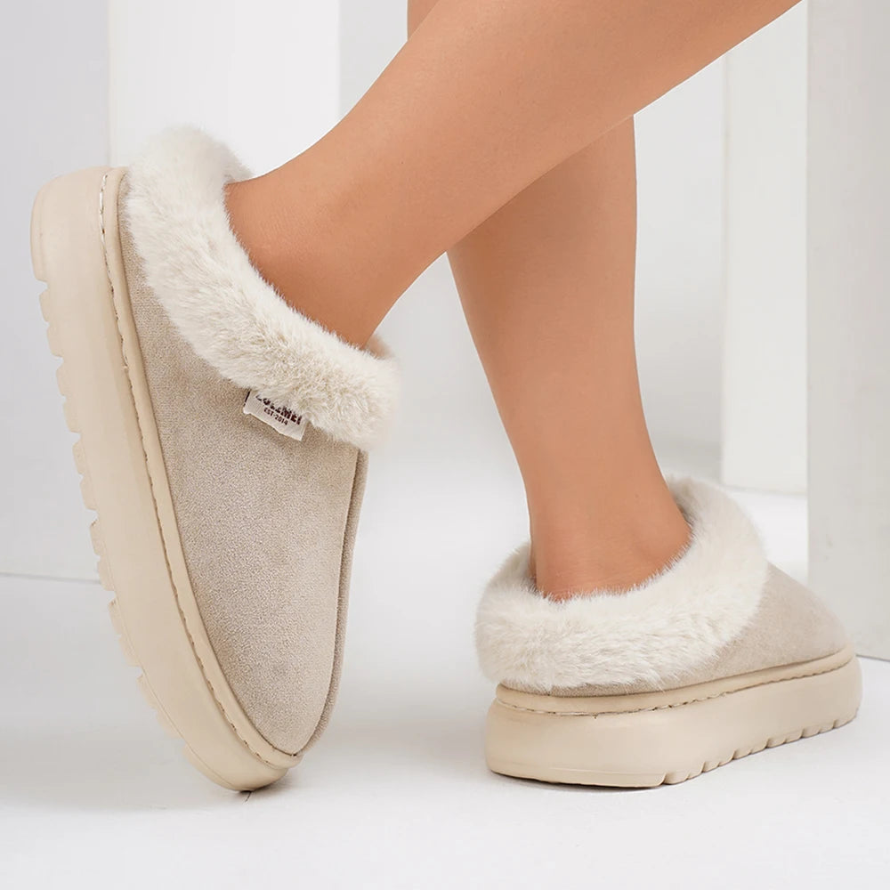 Women's Winter Warm Shoes Platform Fluffy House Shoes With Cotton and Thick Sole Plush Suitable For Couple Slippers