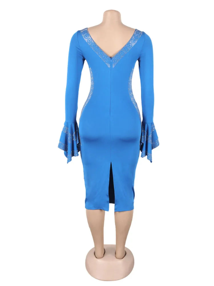 Women's Casual Solid Color V Neck Flare Sleeve Rhinestone Decor Backless Midi Pencil Dress