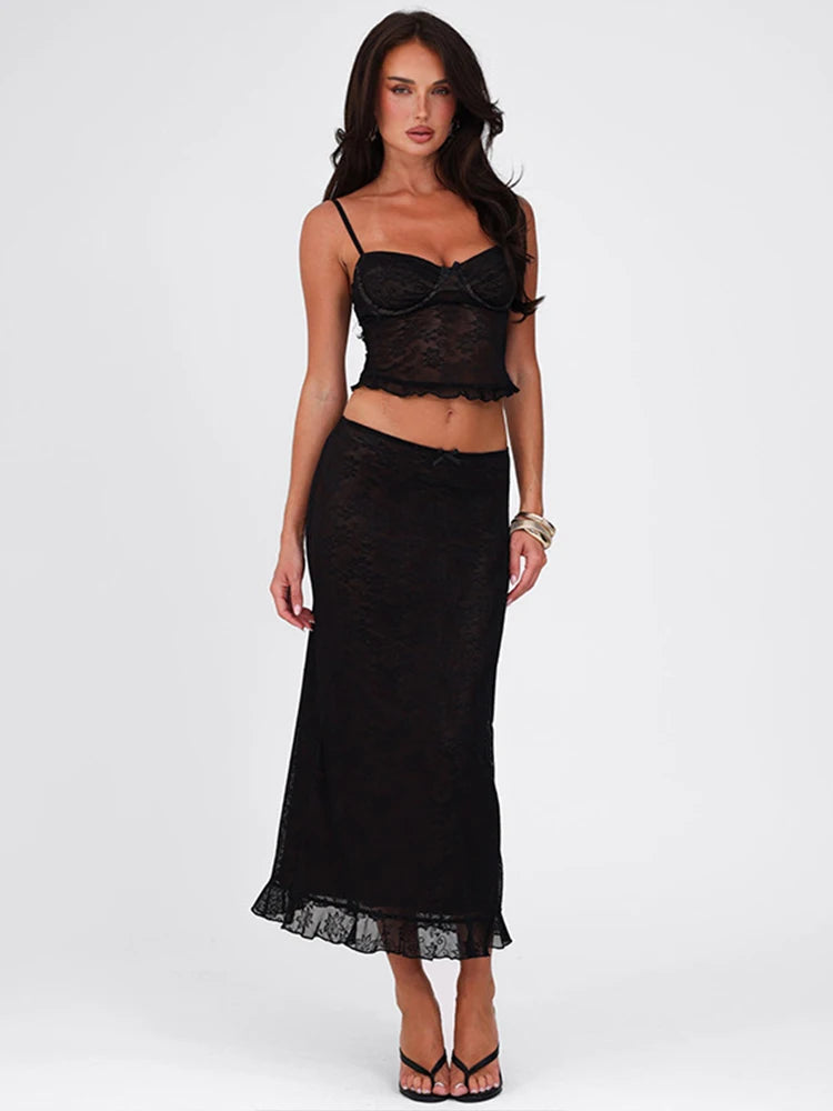 Women's Mesh Patchwork 2 Piece Set Women See Through Backless Camisole Tops + Jacquard Skinny Long Skirts Matching Elegant Suits