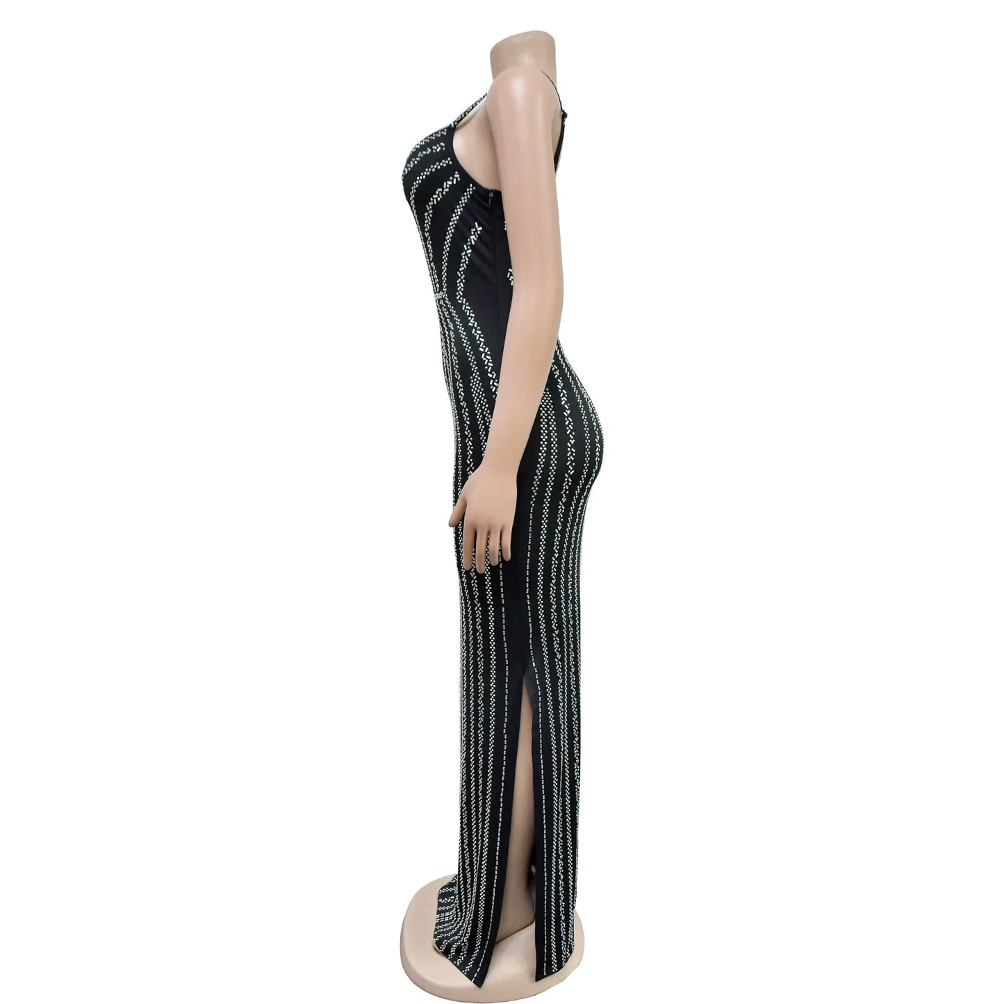 Women's Sexy Solid Color Spaghetti Strap Rhinestone Decor Deep V Neck Party Dress