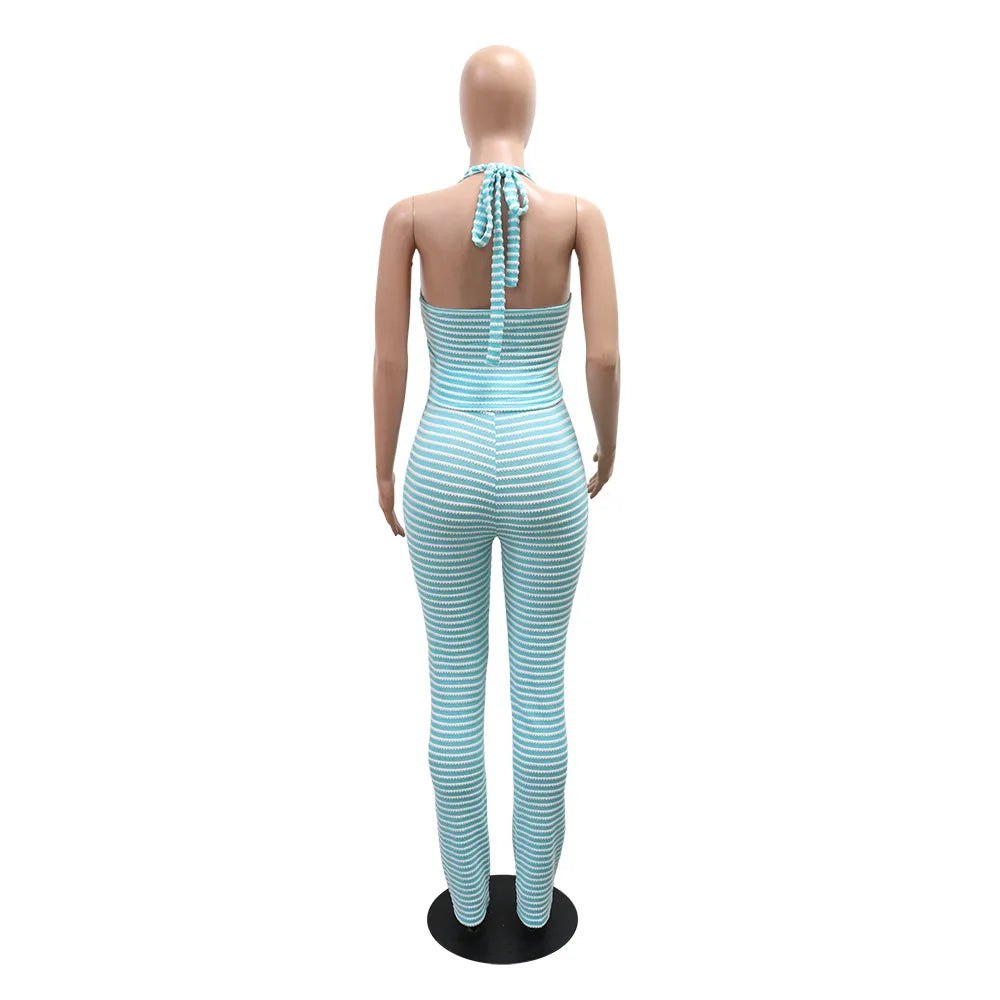 Women's Sexy Halter Backless Striped Sleeveless Top and High Waist Pencil Pants 2pcs Set