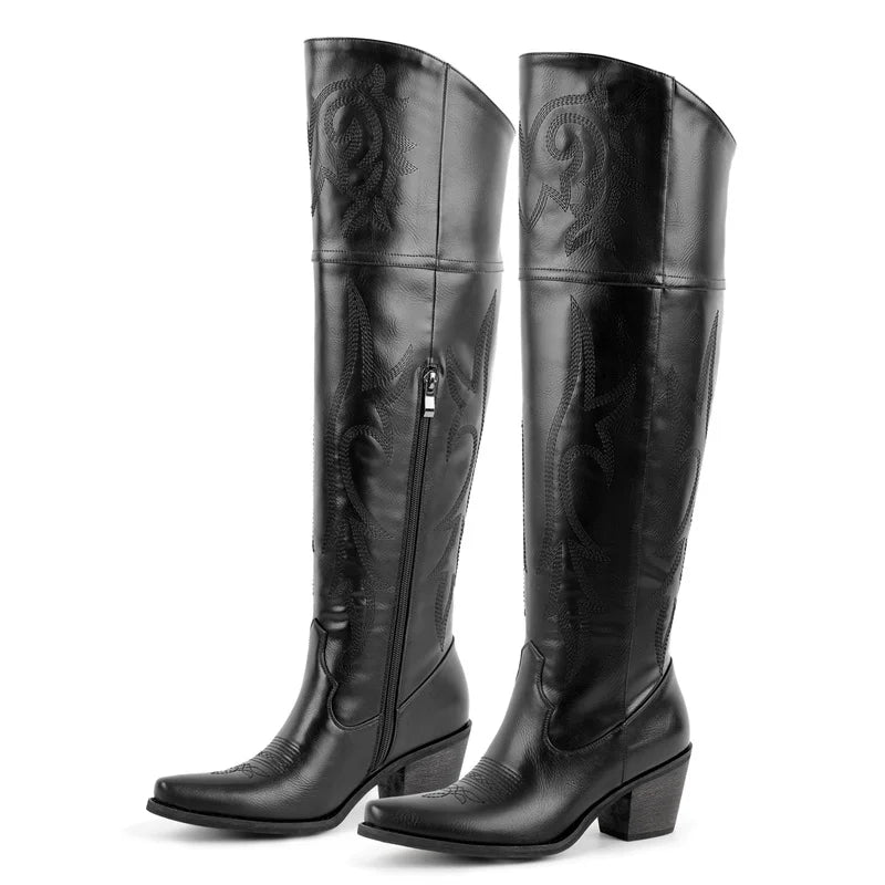 Winter Women Black Brown Knee High Boots Pointed Toe Chunky Pull On Embroidered Thick Heels Boots Zipper Large Size