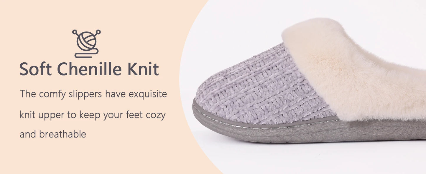 Women's Fleece Lined Warm House Cotton Slippers With Memory Foam and Non-Slip Cosy Fluffy Sole Plush Knit Slides Suitable For Bedroom Use