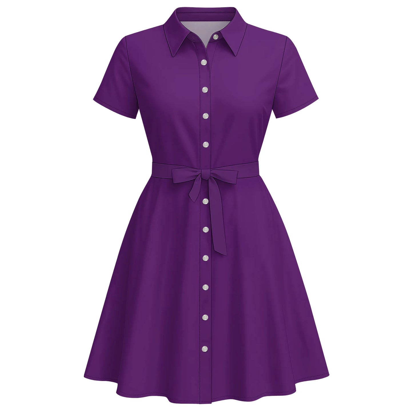 Women's Fashion Button Up Split Dresses Short Sleeve Casual Solid Color Midi Dress A-Line Swing Dresses with Belt