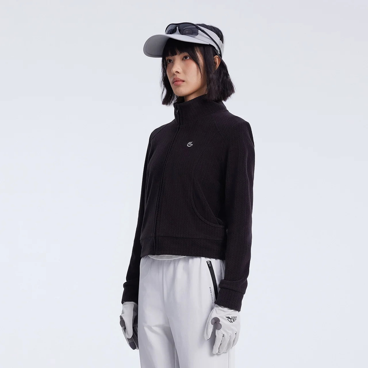 Women's Stand Collar Thermal Polar Fleece Jacket, Integrated Seam Pocket, Silver-Thread Embroidery Short Coats For Ladies