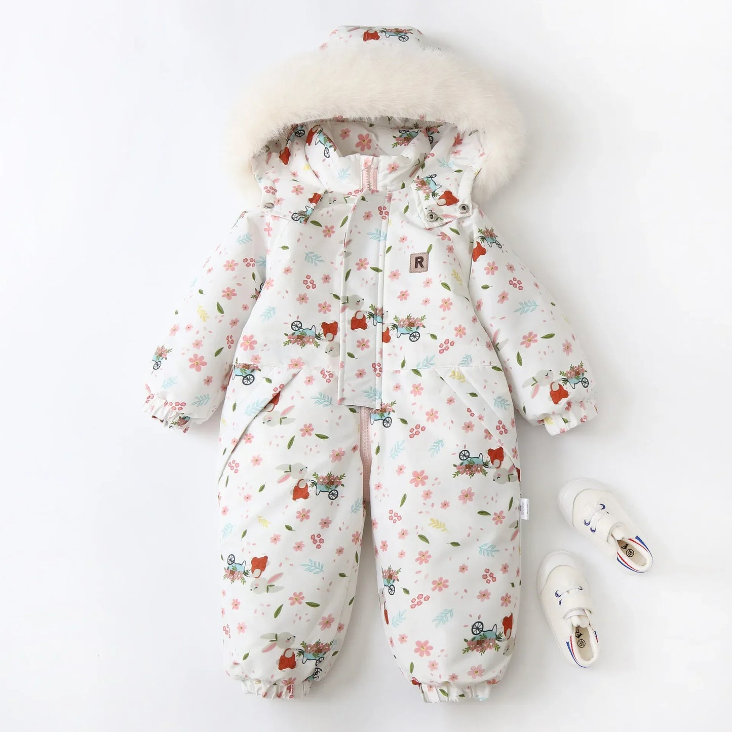 Unisex Children's Snowboard Winter Warm Clothing Snow Suit Floral Printed Fur Lining Hooded Snowboard Coats For Kids