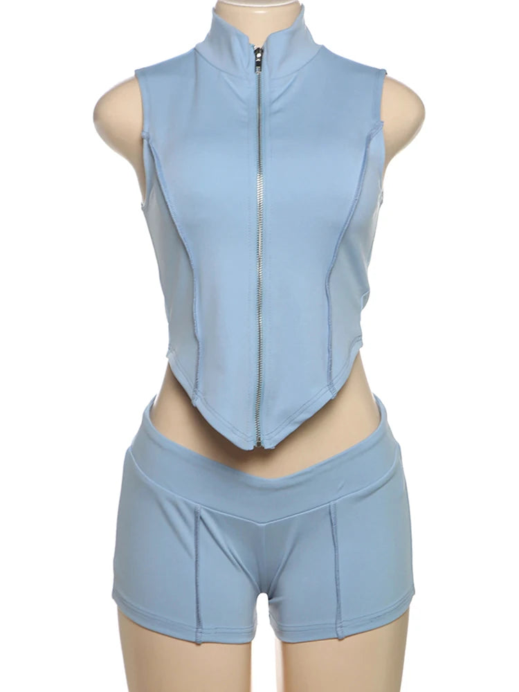 Lines Patchwork 2 Piece Set Women Zipper Cardigan Irregular Crop Top + Skinny Peach Hip Shorts Simple Sporty Street Wears