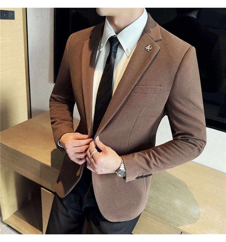 Men's Thickened High-Quality Daily Work Formal Single-Breasted Woollen Coat with Dark Stripe for Autumn and Winter Size S-4XL