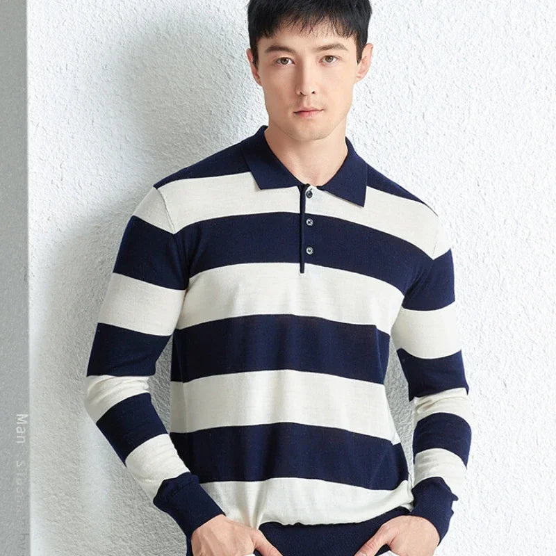 Men's Autumn & Winter 48-Count Worsted Basolan Wool Striped American T-Shirt with Polo Collar – Machine Washable & Loose-Knit