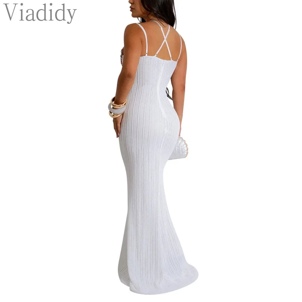 Women Sexy Solid Color Spaghetti Strap Sleeveless Backless Embroidery Floor-length Party Dress