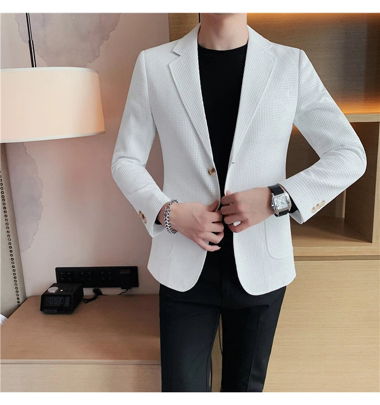 Men’s Waffle Plaid Blazer Coat, Hounds-Tooth Pattern, Wool-Blend Overcoat for Autumn & Winter - Lightweight, Stretchable