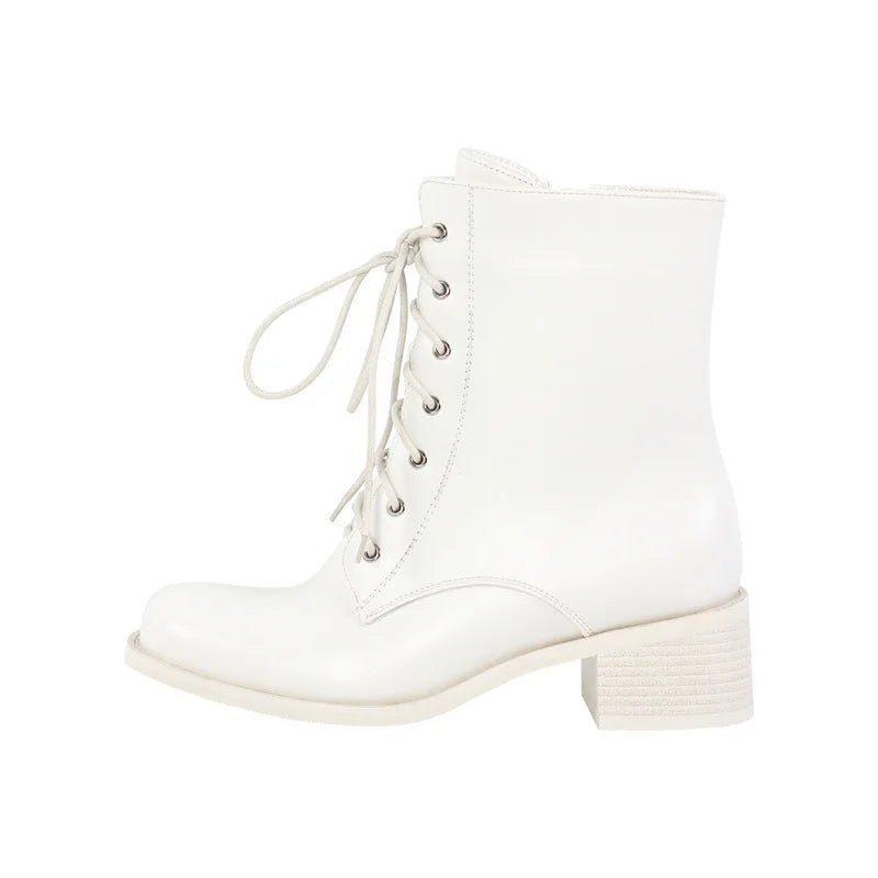 Women Brown Lace UP Ankle Boots Round Toe Gothic Heeled Concise Side Zipper Winter Motorcycle Boots