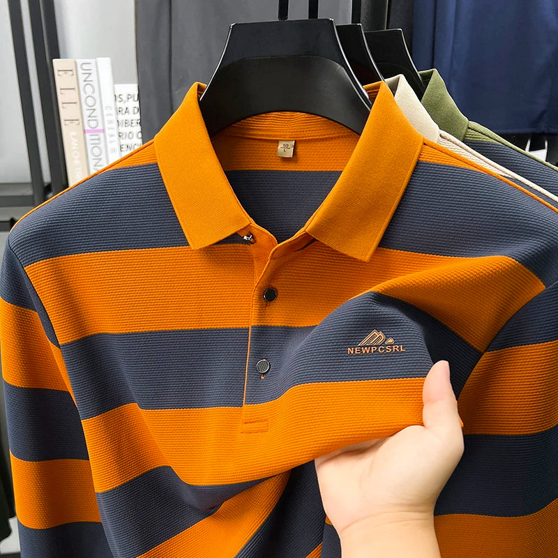 Men's Autumn Long Sleeve Polo Shirt Colourful Striped, Stretchy Double-sided Pique Knit Fabric