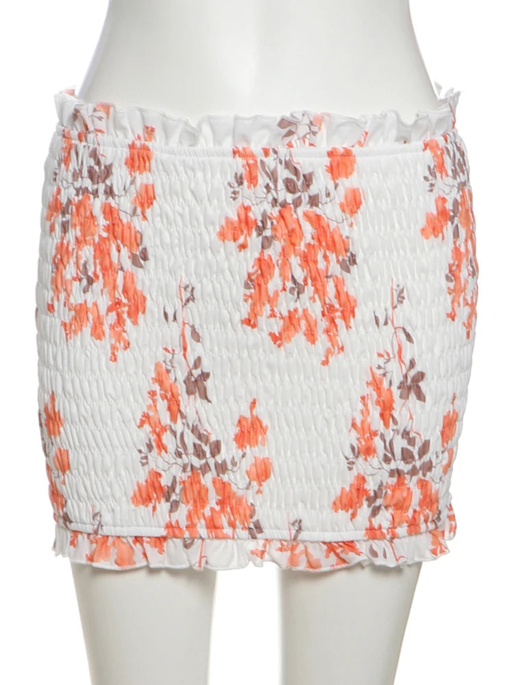 Vacation Thin Women Floral 2 Piece Set Elastic Ruffles Tank Tops + Peach Hip Skirts Matching Clubwear Romantic Outfits