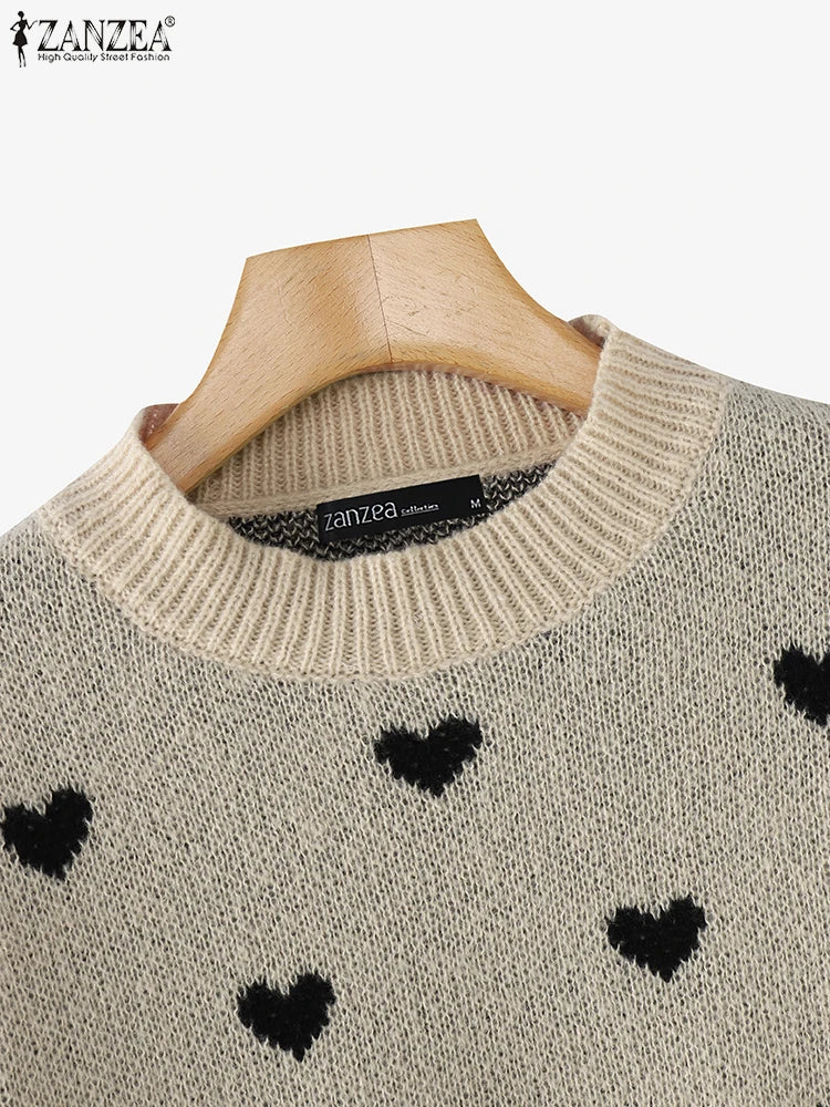 Women Loose Knitted Sweaters 2025 Spring Autumn Lantern Sleeve O Neck Heart Pattern Pullovers Streetwear Stylish Tops