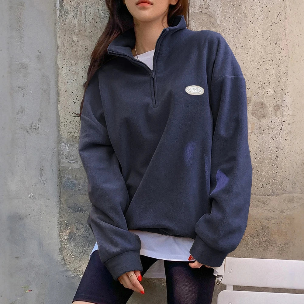 Autumn Winter Hoodies 2025 Women's Comfy Solid Colour Long Sleeve Zipper Half Open Collar Comfortable Loose Fit Hoodies