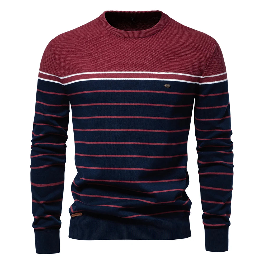 Men's O-neck Cotton Pullover Sweater Striped Casual Autumn and Winter High Quality Knitted Sweaters for Men