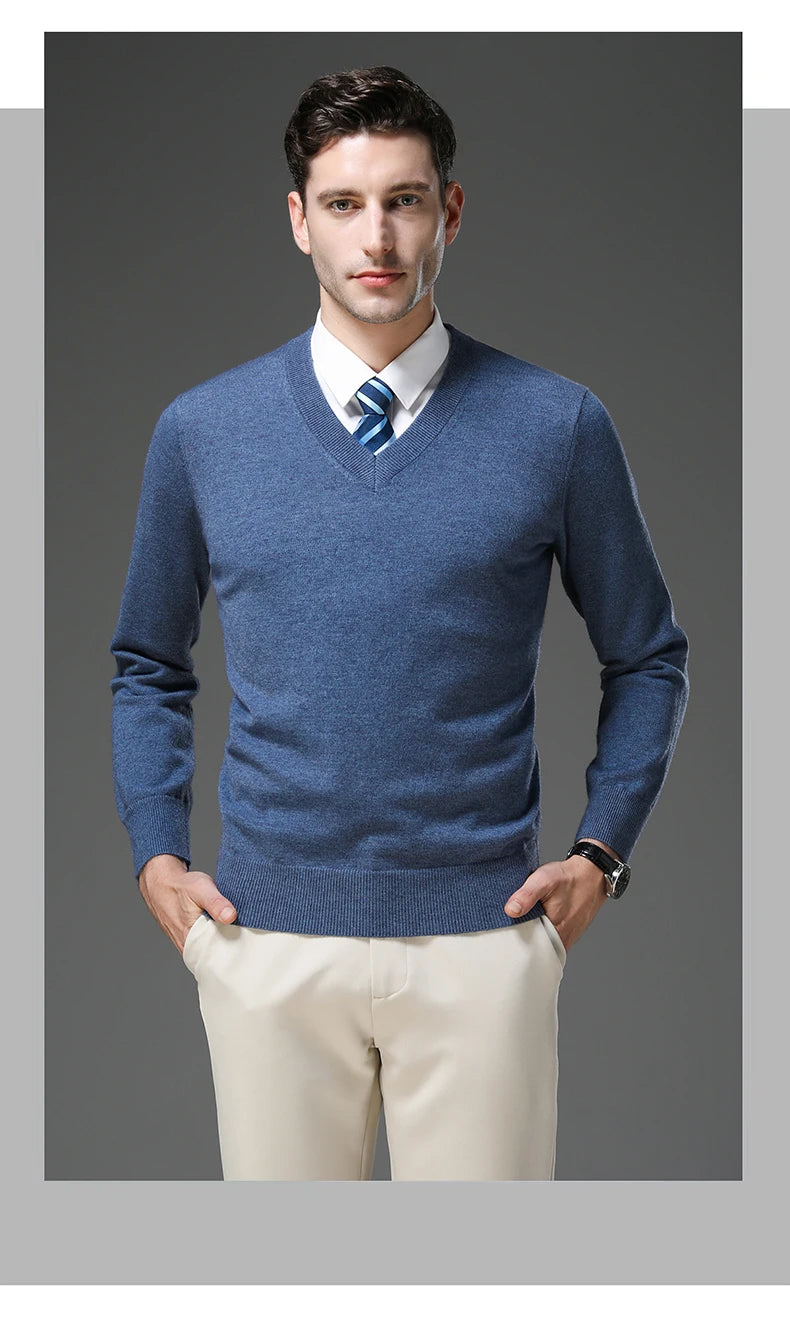 Men's Warm V-Neck Solid Colour Sweater, Autumn & Winter Stretch Top, Daily Leisure Pullover Knitwear, Male Business Casual