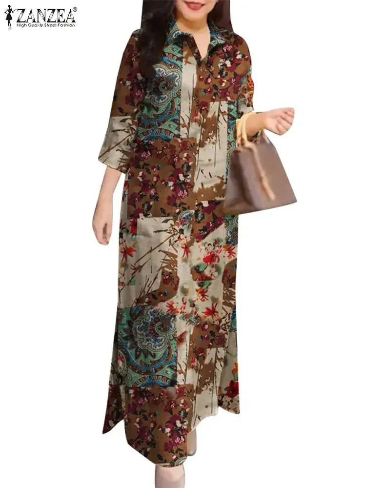 Women 3/4 Sleeve Long Dresses Autumn Fashion Lapel Neck Cotton Shirtdress Vintage Floral Print Maxi Shirt Dress