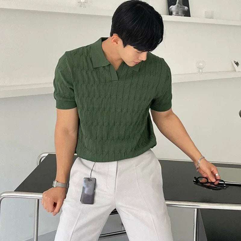 Men's Jacquard Knitted Polo, Casual V-Neck Striped T-shirt, Solid Colour Short Sleeved Lightweight Breathable Luxury Male Clothing