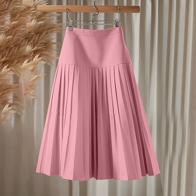 Elegant A-Line Pleated Skirts Women Fashion High Waist Patchwork Midi Faldas Mujer Office Commuting Solid Jupes Femme