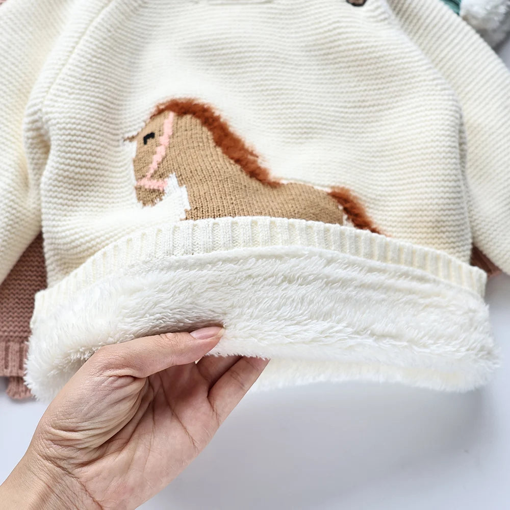 Winter New Cartoon Kids Baby Sweaters Fur Lining Kids Knitwear Fleece Boys Girls Pullover Coat 1-6Y Unisex