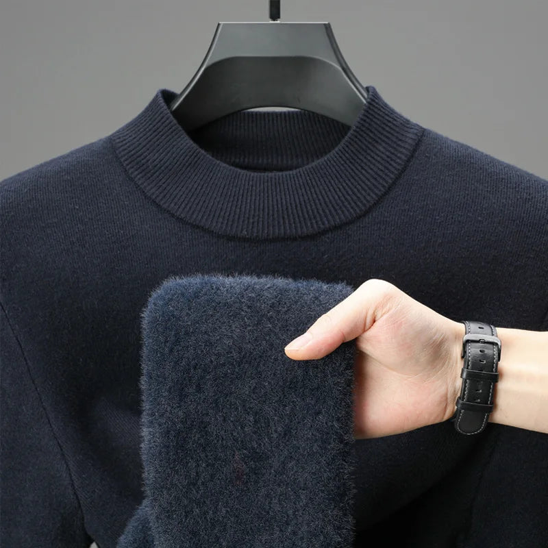Men's Daily Warm Sweater, Fleece-Lined Vintage Half Turtleneck Pullover Male Sweater Size M-4XL