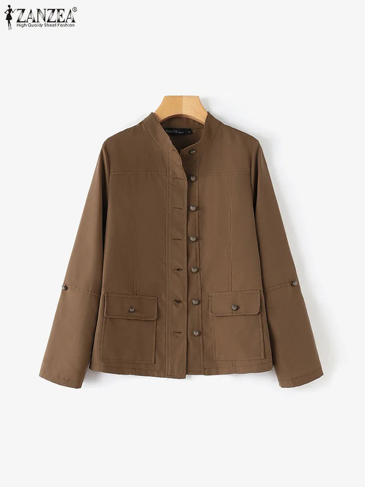 Fashion OL Jackets Woman Long Sleeve Stand Collar Outerwear Autumn Vintage Party Work Wear Female Elegant Button UP Coats