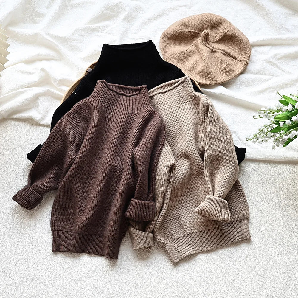2025 Autumn Winter Comfort Kids Turtleneck Pullover Sweaters Solid Boys Girls Matching Knit Tops Toddler Warm Knitwear Sweaters 1-12Y Unisex
