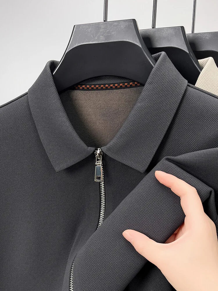 Men's Solid Colour Business Casual Autumn and Winter Jacket, Suitable For Daily Commuting, Stretchy Knitted Zip-Up Male Cardigan