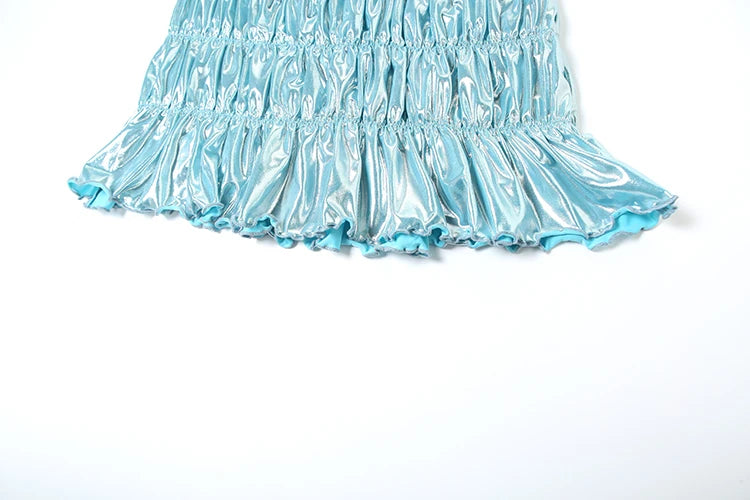 Sexy Beach Style Women 2 Piece Set Y2K Glitter Silky Strapless Bandage Camisole + Briefs + Ruched Ruffles Skirts Clubwear