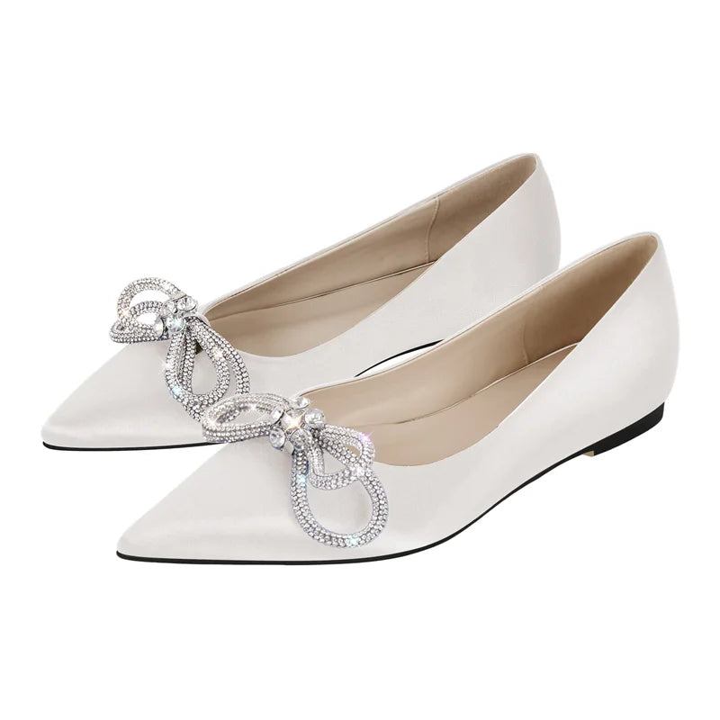 Woman Flats Pointed Toe Blue Rhinestones Bow Clear Flat Daily Elegant Female Slip On Shoes