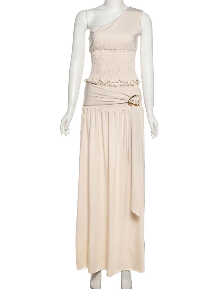 Elegant Ruched 2 Piece Set Women Skew Collar Backless Crop Tops + Metal Buckle Decoration Skirts Matching Solid Outfits