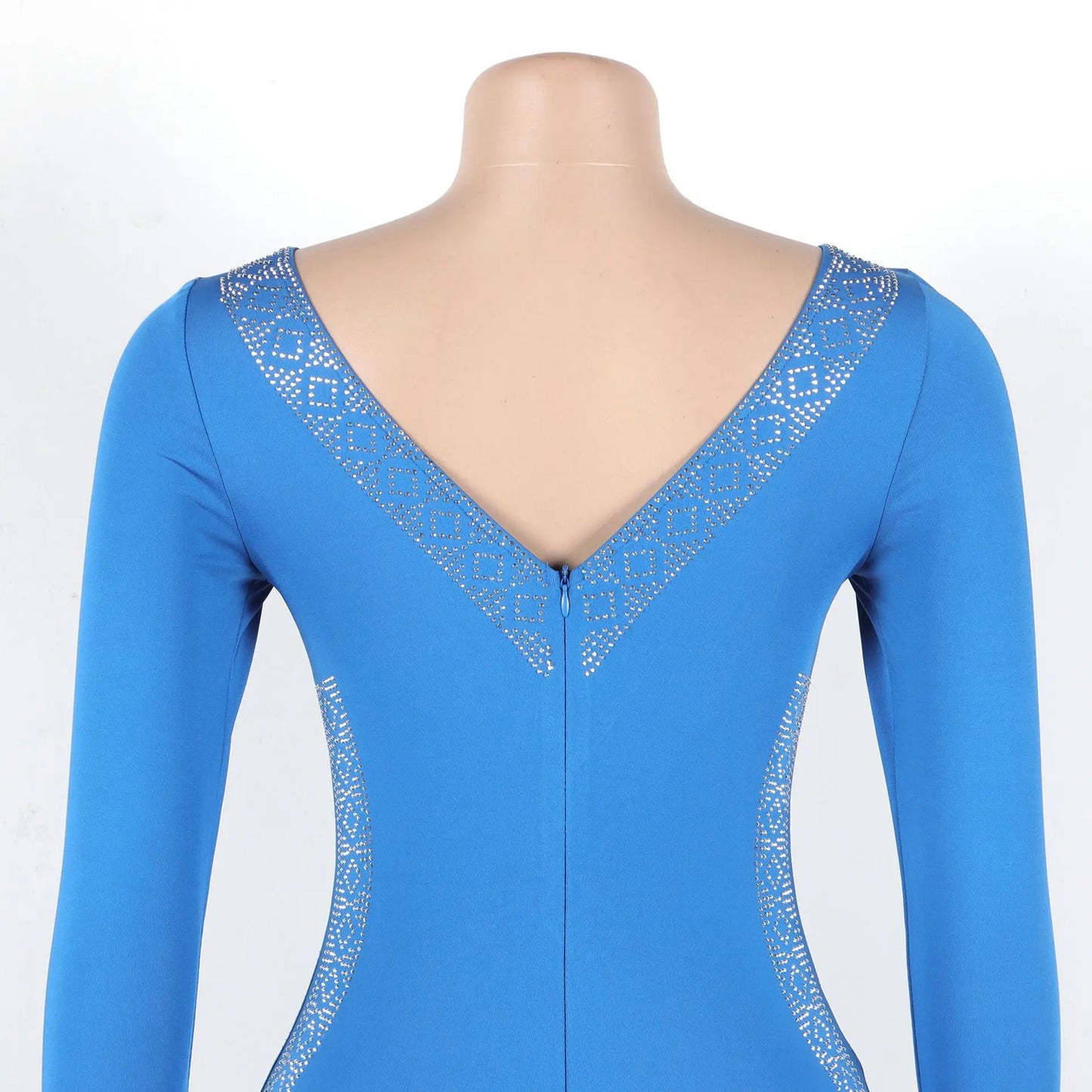 Women's Casual Solid Color V Neck Flare Sleeve Rhinestone Decor Backless Midi Pencil Dress